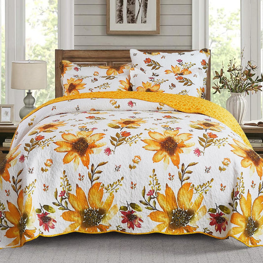 Cmfshape Floral Quilt Sets Bedspread Set,100% Cotton Yellow Sunflower Bedding Set,Reversible Lightweight Soft Bedspread Coverlet for All Season with 2 Pillow Shams(King 106"x96")