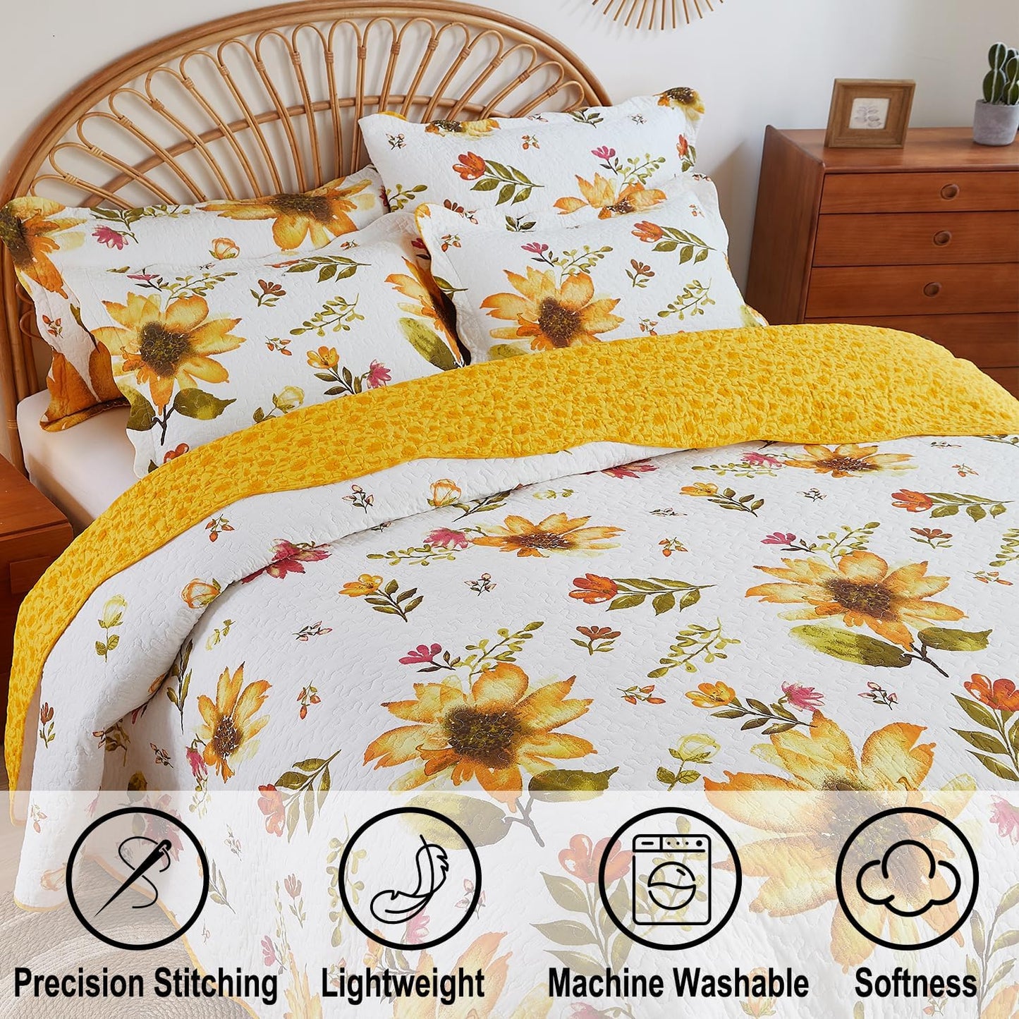 Cmfshape Floral Quilt Sets Bedspread Set,100% Cotton Yellow Sunflower Bedding Set,Reversible Lightweight Soft Bedspread Coverlet for All Season with 2 Pillow Shams(King 106"x96")