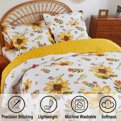 Cmfshape Floral Quilt Sets Bedspread Set,100% Cotton Yellow Sunflower Bedding Set,Reversible Lightweight Soft Bedspread Coverlet for All Season with 2 Pillow Shams(King 106"x96")