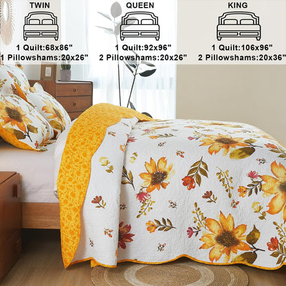 Cmfshape Floral Quilt Sets Bedspread Set,100% Cotton Yellow Sunflower Bedding Set,Reversible Lightweight Soft Bedspread Coverlet for All Season with 2 Pillow Shams(King 106"x96")