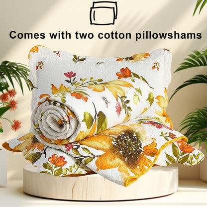 Cmfshape Floral Quilt Sets Bedspread Set,100% Cotton Yellow Sunflower Bedding Set,Reversible Lightweight Soft Bedspread Coverlet for All Season with 2 Pillow Shams(King 106"x96")