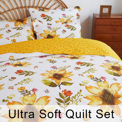 Cmfshape Floral Quilt Sets Bedspread Set,100% Cotton Yellow Sunflower Bedding Set,Reversible Lightweight Soft Bedspread Coverlet for All Season with 2 Pillow Shams(King 106"x96")