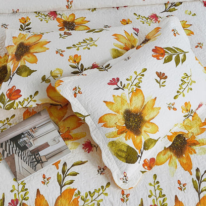 Cmfshape Floral Quilt Sets Bedspread Set,100% Cotton Yellow Sunflower Bedding Set,Reversible Lightweight Soft Bedspread Coverlet for All Season with 2 Pillow Shams(King 106"x96")