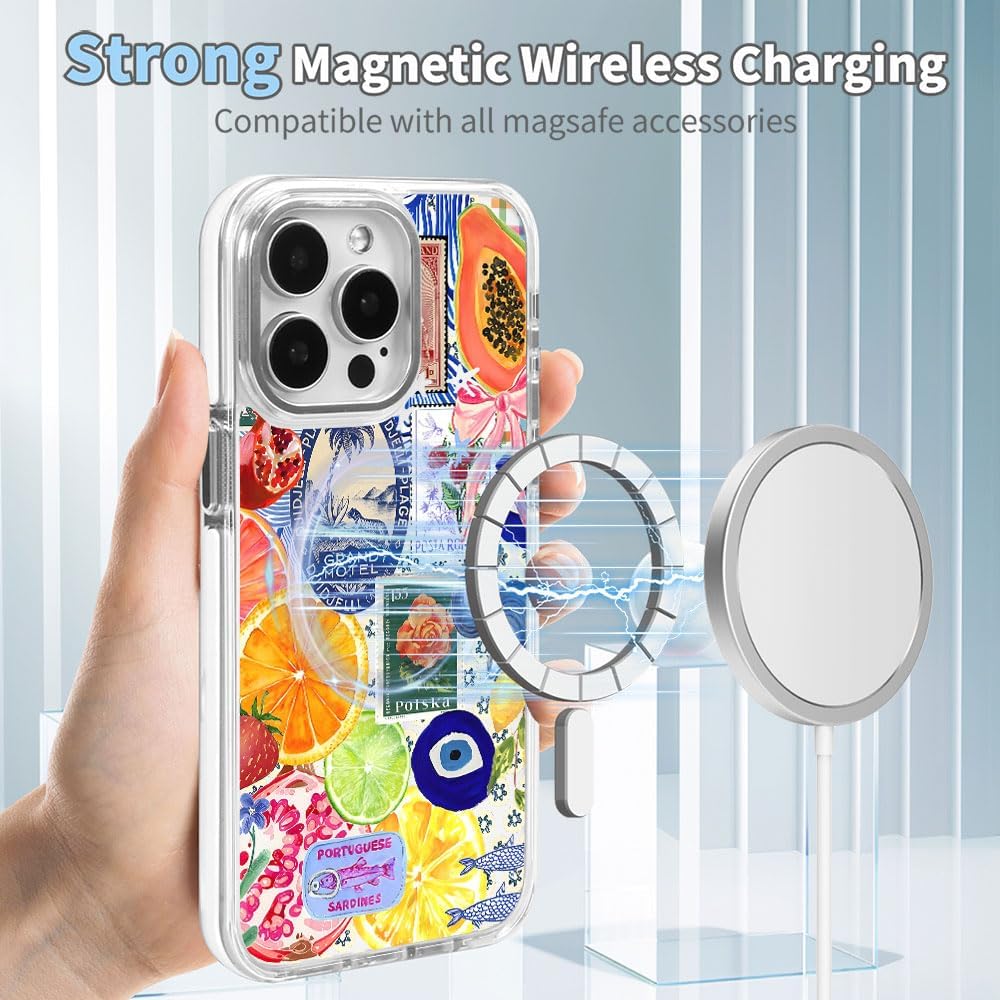 Cases for iPhone 16,Compatible with MagSafe,Classic Clear Shockproof Protection Magnetic Phone Case - Bow European Summer Lemon Collage