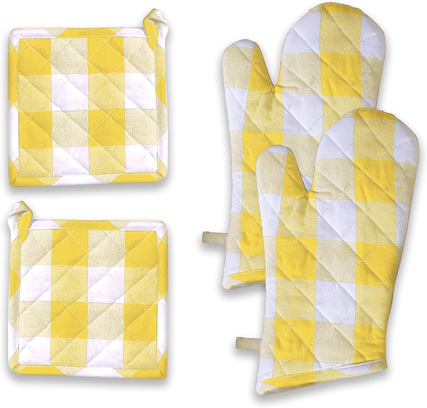 Buffalo Plaid Check Oven Mitts and Pot Holders Set, 100% Cotton, Heat Resistant, 2 Oven Gloves 7x13 Inches and 2 Hot Pads 8x8 Inches for Cooking and Baking, Lemon Yellow White