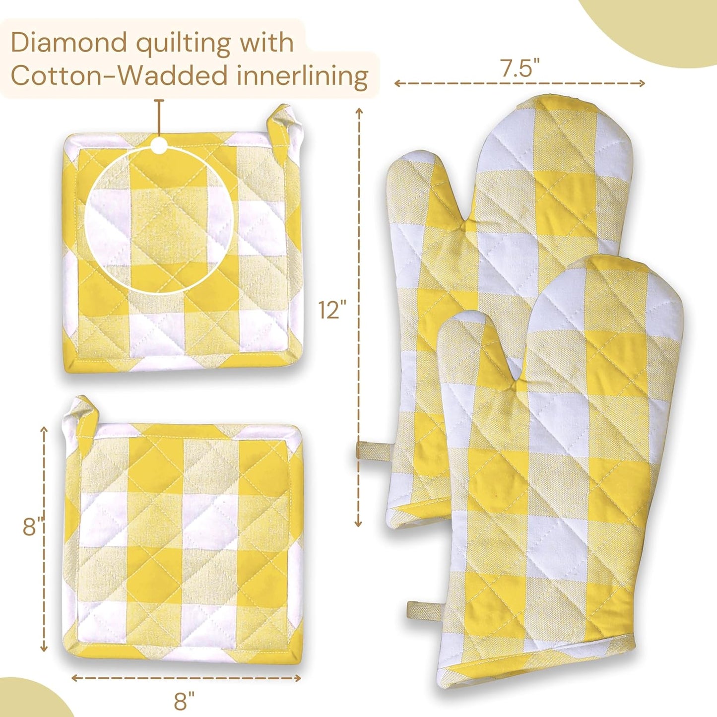 Buffalo Plaid Check Oven Mitts and Pot Holders Set, 100% Cotton, Heat Resistant, 2 Oven Gloves 7x13 Inches and 2 Hot Pads 8x8 Inches for Cooking and Baking, Lemon Yellow White