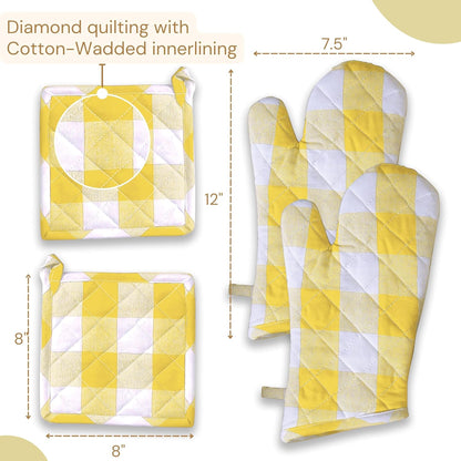 Buffalo Plaid Check Oven Mitts and Pot Holders Set, 100% Cotton, Heat Resistant, 2 Oven Gloves 7x13 Inches and 2 Hot Pads 8x8 Inches for Cooking and Baking, Lemon Yellow White