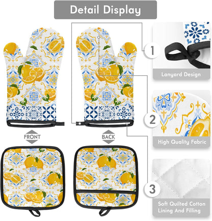 Oven Mitts and Pot Holders Set Ethnic Lemon - Heat Resistant Oven Gloves Potholder for BBQ Baking Grilling Cooking Kitchen Set of 2,Citrus Lemon Flower