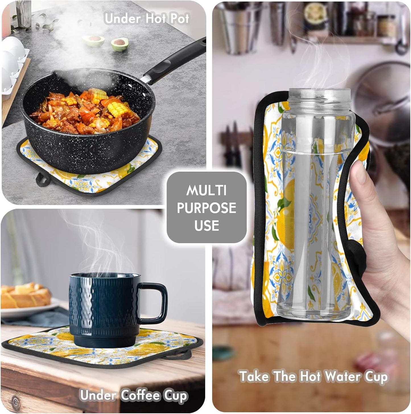 Oven Mitts and Pot Holders Set Ethnic Lemon - Heat Resistant Oven Gloves Potholder for BBQ Baking Grilling Cooking Kitchen Set of 2,Citrus Lemon Flower