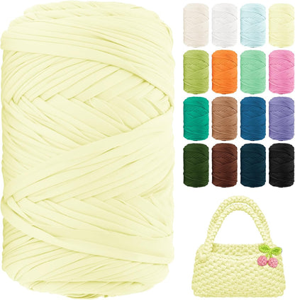 T Shirt Yarn 130 Yards Beginner Crochet Tshirt Yarn 400g Elastic Fabric Thick T-Shirt Yarns for Crocheting, Knitting Bags, Baskets, Rugs, Coasters, DIY Craft, Home Decor (Light Yellow)