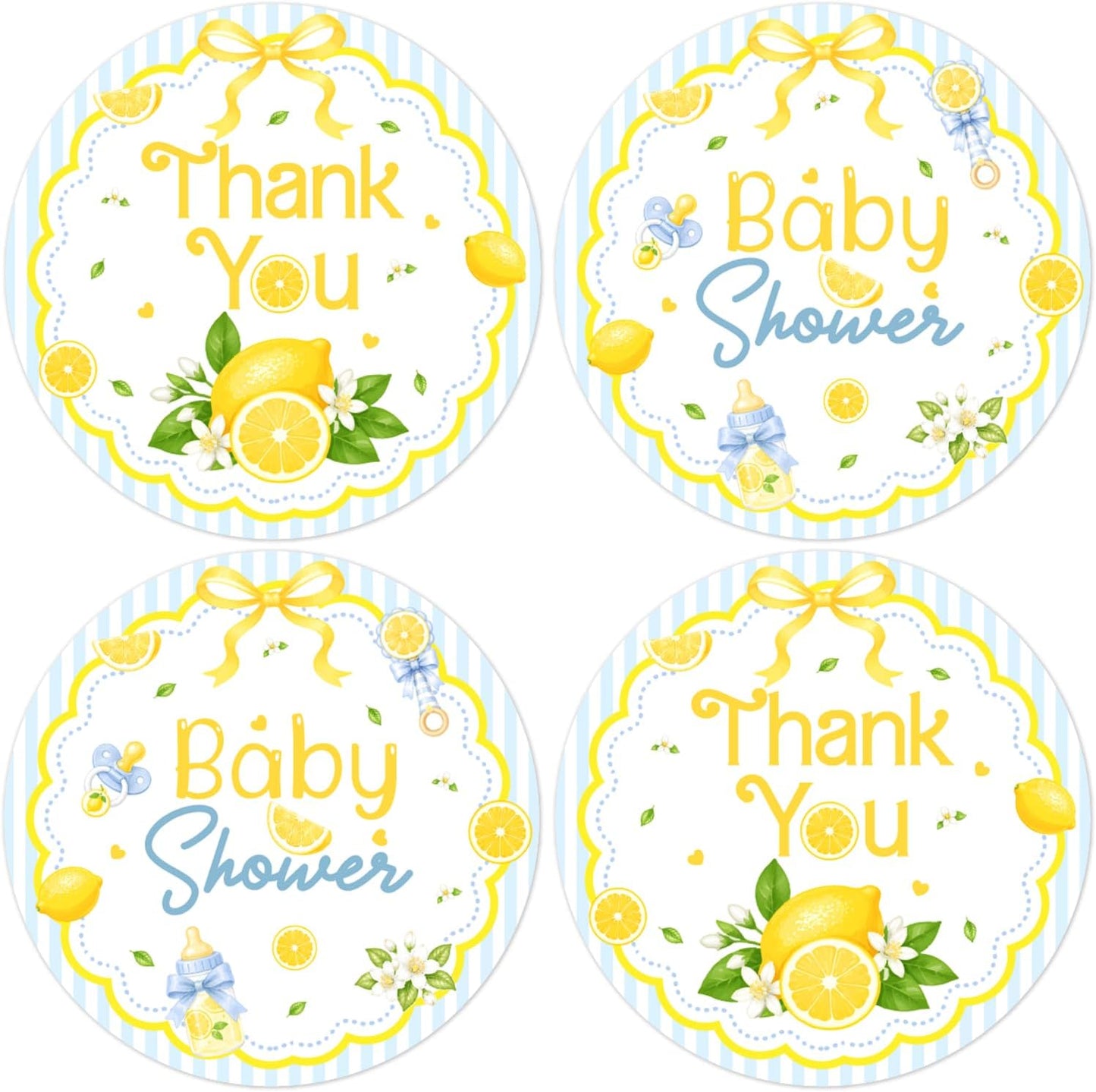 We Can't Wait to Squeeze You Thank You Stickers Bow Lemon Floral Party Favor Labels Round Blue Lemon Baby Shower Stickers for Gift Bags Candy Boxes Dessert Table Decor