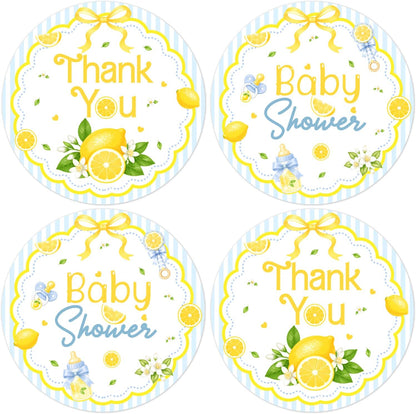 We Can't Wait to Squeeze You Thank You Stickers Bow Lemon Floral Party Favor Labels Round Blue Lemon Baby Shower Stickers for Gift Bags Candy Boxes Dessert Table Decor