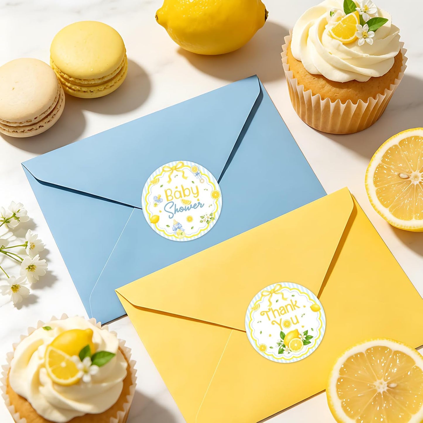 We Can't Wait to Squeeze You Thank You Stickers Bow Lemon Floral Party Favor Labels Round Blue Lemon Baby Shower Stickers for Gift Bags Candy Boxes Dessert Table Decor