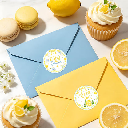 We Can't Wait to Squeeze You Thank You Stickers Bow Lemon Floral Party Favor Labels Round Blue Lemon Baby Shower Stickers for Gift Bags Candy Boxes Dessert Table Decor