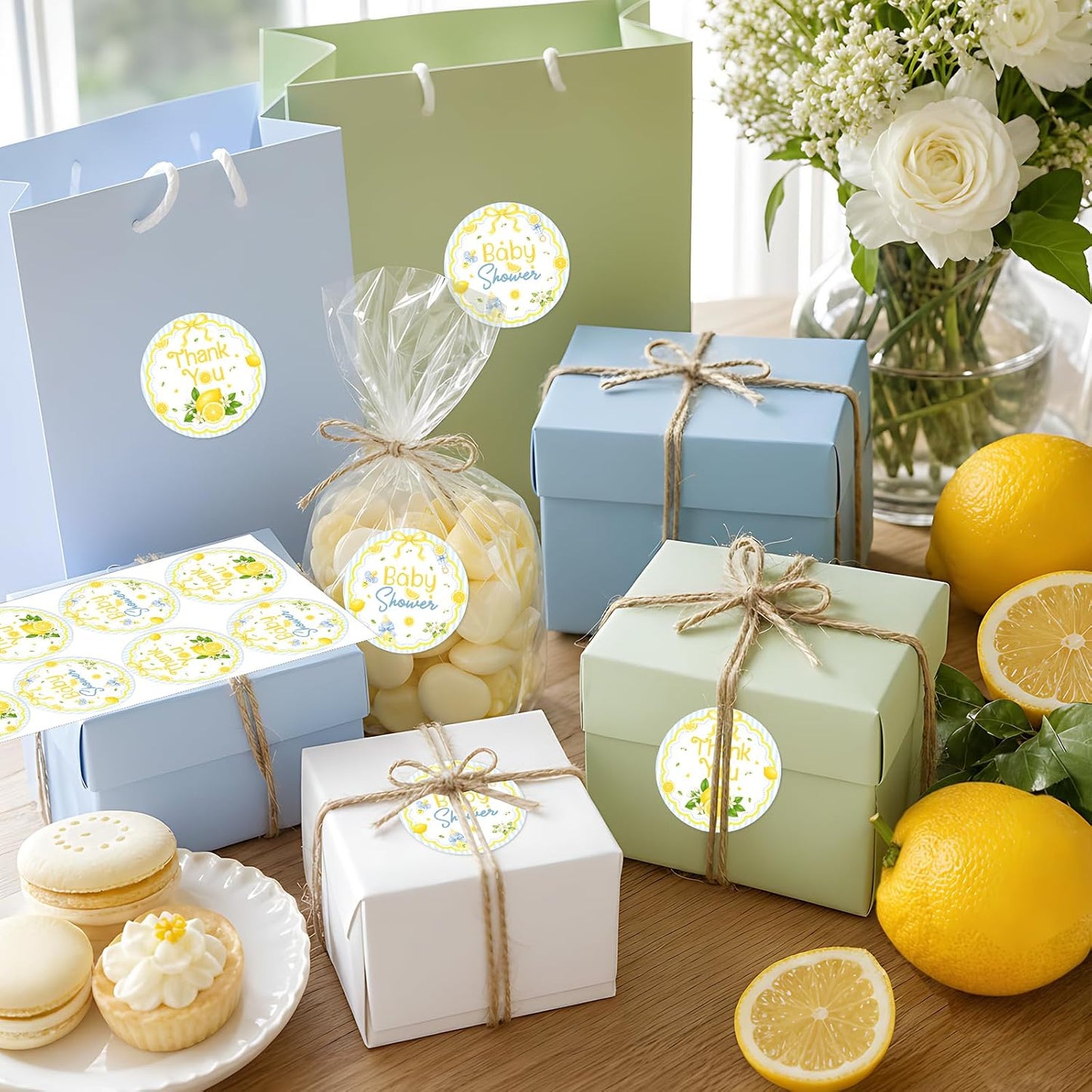 We Can't Wait to Squeeze You Thank You Stickers Bow Lemon Floral Party Favor Labels Round Blue Lemon Baby Shower Stickers for Gift Bags Candy Boxes Dessert Table Decor