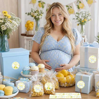 We Can't Wait to Squeeze You Thank You Stickers Bow Lemon Floral Party Favor Labels Round Blue Lemon Baby Shower Stickers for Gift Bags Candy Boxes Dessert Table Decor