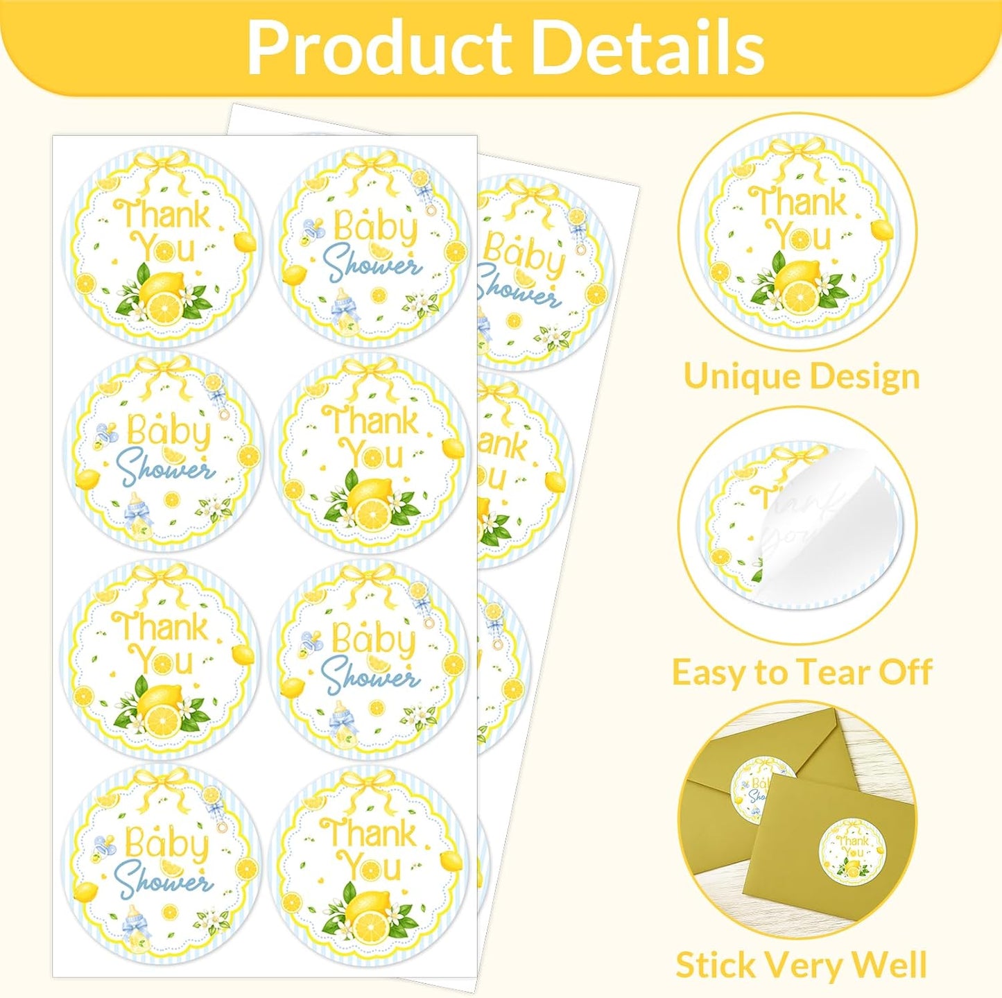 We Can't Wait to Squeeze You Thank You Stickers Bow Lemon Floral Party Favor Labels Round Blue Lemon Baby Shower Stickers for Gift Bags Candy Boxes Dessert Table Decor