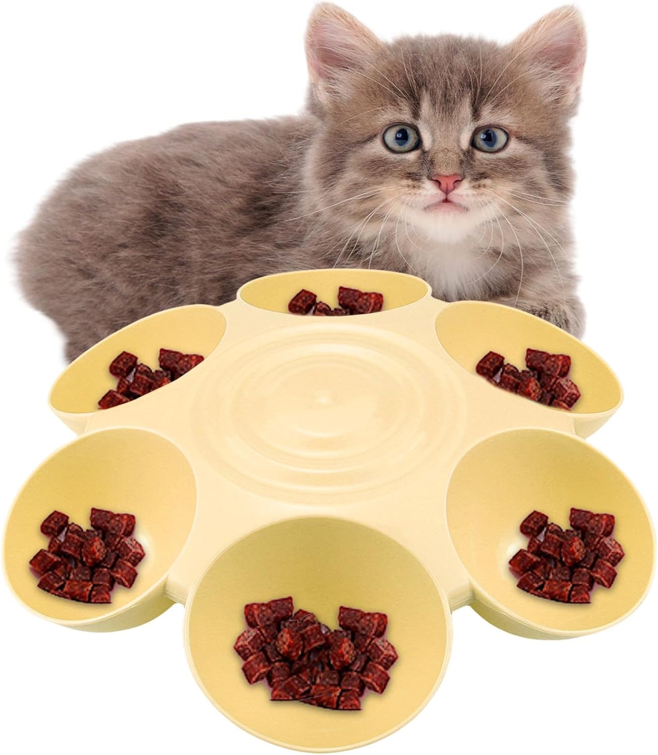 DOERDO Cat Feeding Bowl, Plastic Cat and Dog Food Bowl with 6 Bowls, Multiple Pet Dinner Feeder for Indoor Food and Water, Yellow