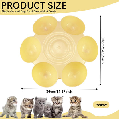 DOERDO Cat Feeding Bowl, Plastic Cat and Dog Food Bowl with 6 Bowls, Multiple Pet Dinner Feeder for Indoor Food and Water, Yellow