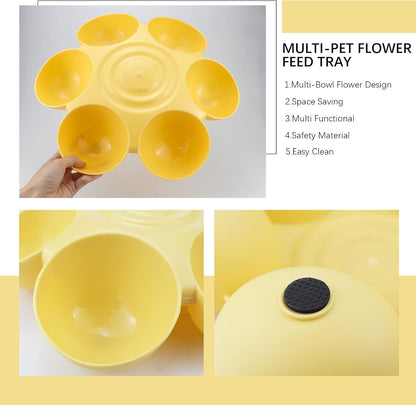 DOERDO Cat Feeding Bowl, Plastic Cat and Dog Food Bowl with 6 Bowls, Multiple Pet Dinner Feeder for Indoor Food and Water, Yellow