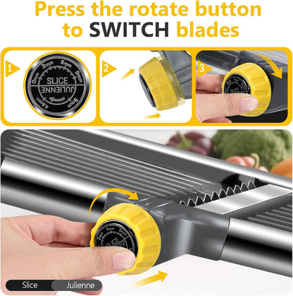 Adjustable Mandoline Food Slicer, Mandoline Slicer for Kitchen, Stainless Steel Mandolin, Fruit and Vegetable Cutter with Cut-Resistant Gloves and Cleaning Brush-Yellow