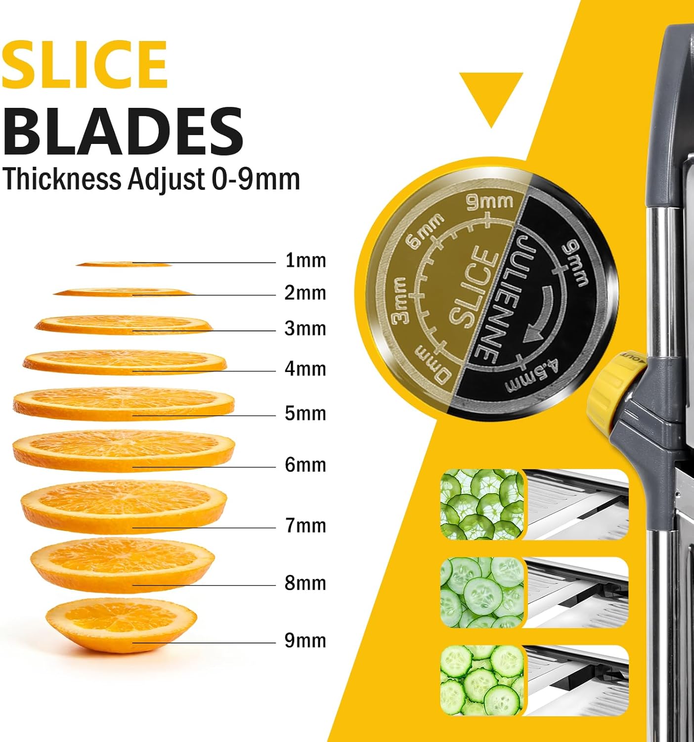 Adjustable Mandoline Food Slicer, Mandoline Slicer for Kitchen, Stainless Steel Mandolin, Fruit and Vegetable Cutter with Cut-Resistant Gloves and Cleaning Brush-Yellow