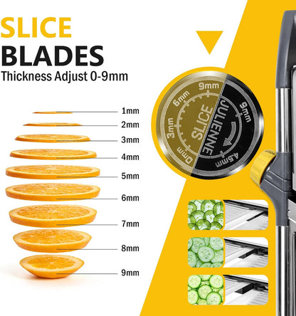 Adjustable Mandoline Food Slicer, Mandoline Slicer for Kitchen, Stainless Steel Mandolin, Fruit and Vegetable Cutter with Cut-Resistant Gloves and Cleaning Brush-Yellow