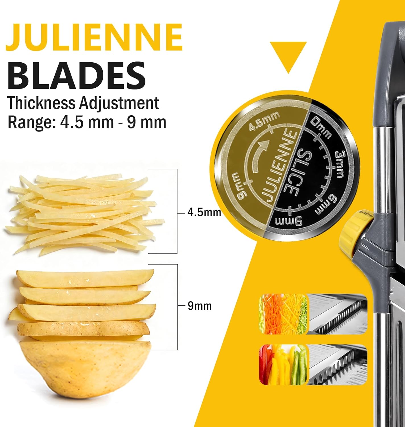 Adjustable Mandoline Food Slicer, Mandoline Slicer for Kitchen, Stainless Steel Mandolin, Fruit and Vegetable Cutter with Cut-Resistant Gloves and Cleaning Brush-Yellow
