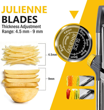 Adjustable Mandoline Food Slicer, Mandoline Slicer for Kitchen, Stainless Steel Mandolin, Fruit and Vegetable Cutter with Cut-Resistant Gloves and Cleaning Brush-Yellow