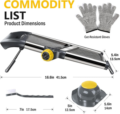 Adjustable Mandoline Food Slicer, Mandoline Slicer for Kitchen, Stainless Steel Mandolin, Fruit and Vegetable Cutter with Cut-Resistant Gloves and Cleaning Brush-Yellow