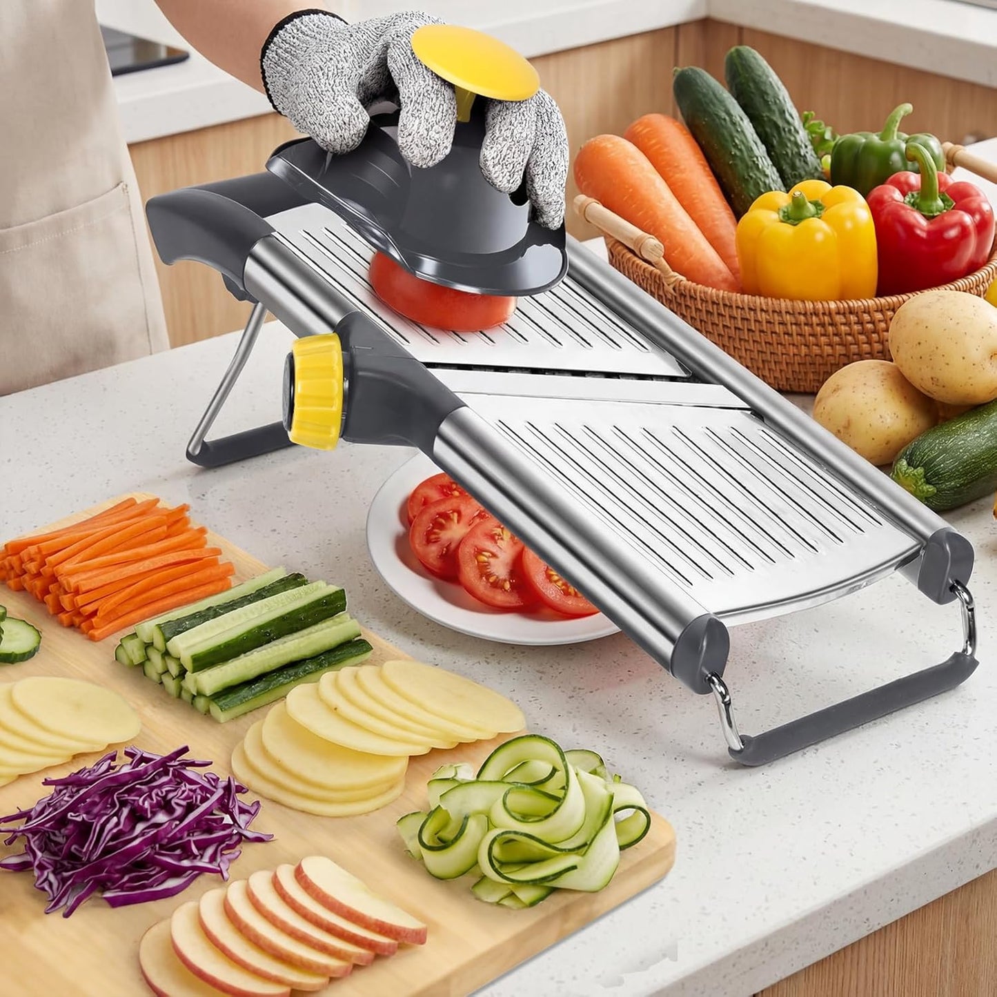 Adjustable Mandoline Food Slicer, Mandoline Slicer for Kitchen, Stainless Steel Mandolin, Fruit and Vegetable Cutter with Cut-Resistant Gloves and Cleaning Brush-Yellow