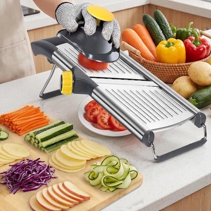 Adjustable Mandoline Food Slicer, Mandoline Slicer for Kitchen, Stainless Steel Mandolin, Fruit and Vegetable Cutter with Cut-Resistant Gloves and Cleaning Brush-Yellow