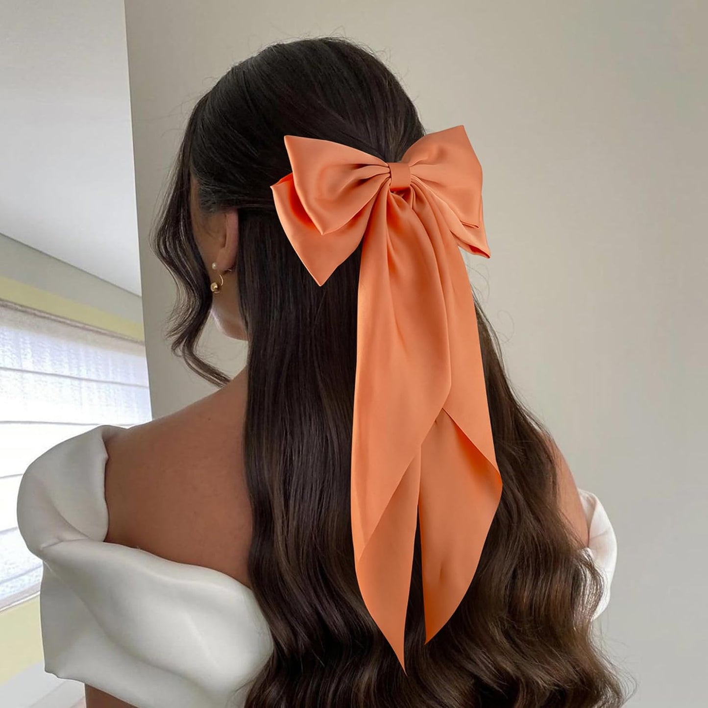 6Pcs Large Bows Hair Clips for Women Girls Long Tail Hair Ribbon Silky Satin Barrettes Coquette Bows Accessories (Black/Orange/Yellow/White)