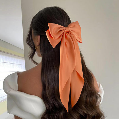 6Pcs Large Bows Hair Clips for Women Girls Long Tail Hair Ribbon Silky Satin Barrettes Coquette Bows Accessories (Black/Orange/Yellow/White)