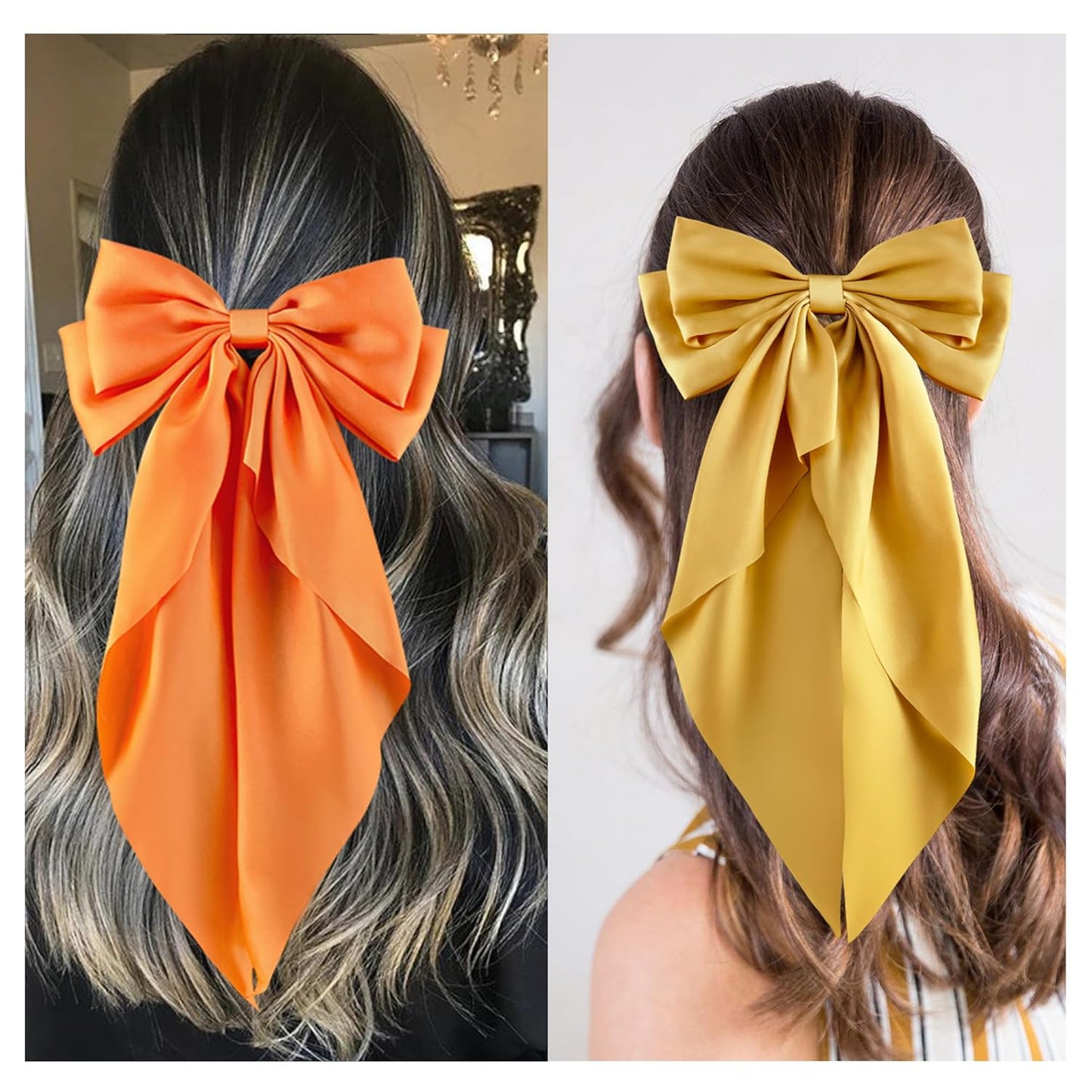 6Pcs Large Bows Hair Clips for Women Girls Long Tail Hair Ribbon Silky Satin Barrettes Coquette Bows Accessories (Black/Orange/Yellow/White)