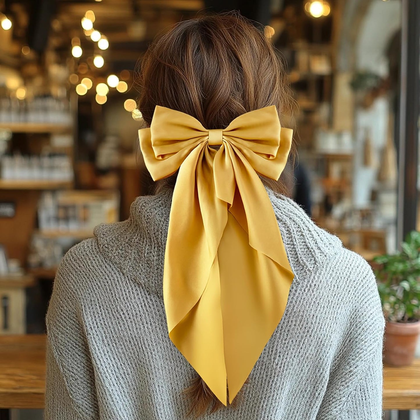 6Pcs Large Bows Hair Clips for Women Girls Long Tail Hair Ribbon Silky Satin Barrettes Coquette Bows Accessories (Black/Orange/Yellow/White)