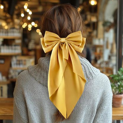 6Pcs Large Bows Hair Clips for Women Girls Long Tail Hair Ribbon Silky Satin Barrettes Coquette Bows Accessories (Black/Orange/Yellow/White)