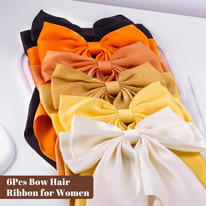 6Pcs Large Bows Hair Clips for Women Girls Long Tail Hair Ribbon Silky Satin Barrettes Coquette Bows Accessories (Black/Orange/Yellow/White)