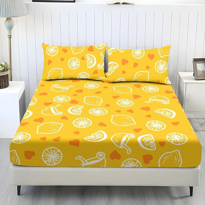 Family Fitted Sheet Queen Size,Bedding Set,Bed Sheet 3 Pieces (No Flat Sheet),Watercolor Natural Landscape Deep Pocket Sheet,2 Pillowcases,Lemon Yellow
