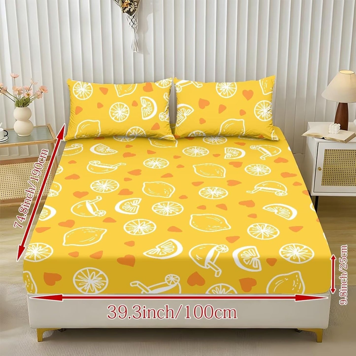Family Fitted Sheet Queen Size,Bedding Set,Bed Sheet 3 Pieces (No Flat Sheet),Watercolor Natural Landscape Deep Pocket Sheet,2 Pillowcases,Lemon Yellow