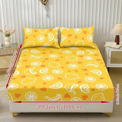 Family Fitted Sheet Queen Size,Bedding Set,Bed Sheet 3 Pieces (No Flat Sheet),Watercolor Natural Landscape Deep Pocket Sheet,2 Pillowcases,Lemon Yellow