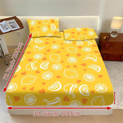 Family Fitted Sheet Queen Size,Bedding Set,Bed Sheet 3 Pieces (No Flat Sheet),Watercolor Natural Landscape Deep Pocket Sheet,2 Pillowcases,Lemon Yellow