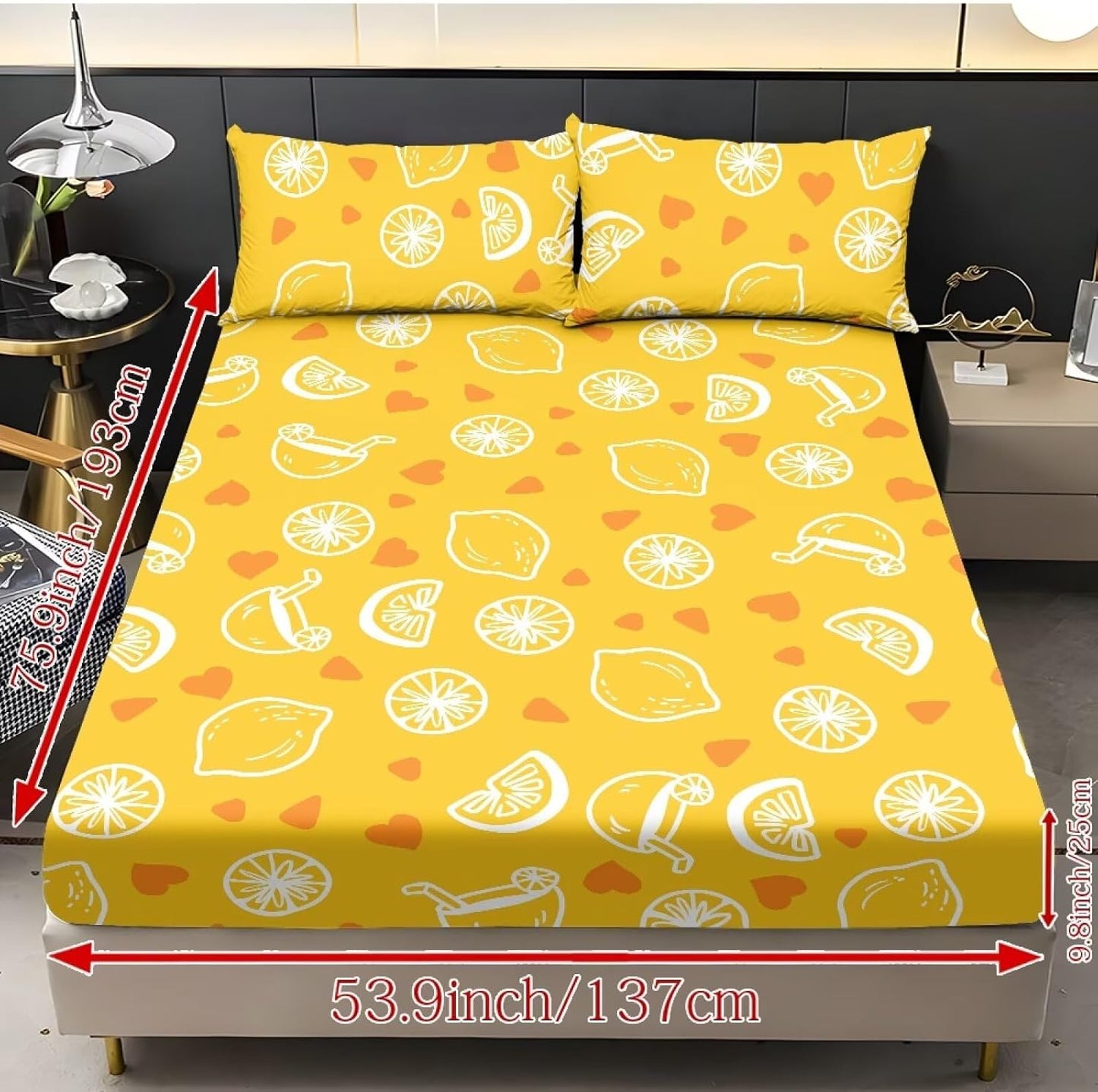 Family Fitted Sheet Queen Size,Bedding Set,Bed Sheet 3 Pieces (No Flat Sheet),Watercolor Natural Landscape Deep Pocket Sheet,2 Pillowcases,Lemon Yellow