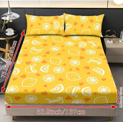 Family Fitted Sheet Queen Size,Bedding Set,Bed Sheet 3 Pieces (No Flat Sheet),Watercolor Natural Landscape Deep Pocket Sheet,2 Pillowcases,Lemon Yellow