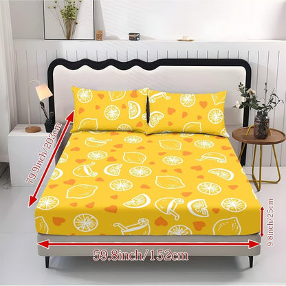 Family Fitted Sheet Queen Size,Bedding Set,Bed Sheet 3 Pieces (No Flat Sheet),Watercolor Natural Landscape Deep Pocket Sheet,2 Pillowcases,Lemon Yellow