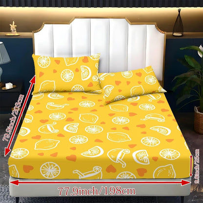 Family Fitted Sheet Queen Size,Bedding Set,Bed Sheet 3 Pieces (No Flat Sheet),Watercolor Natural Landscape Deep Pocket Sheet,2 Pillowcases,Lemon Yellow