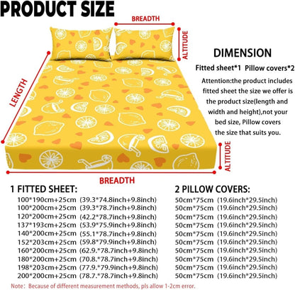 Family Fitted Sheet Queen Size,Bedding Set,Bed Sheet 3 Pieces (No Flat Sheet),Watercolor Natural Landscape Deep Pocket Sheet,2 Pillowcases,Lemon Yellow