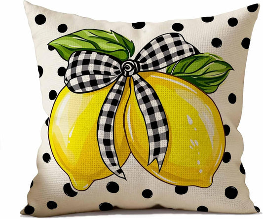 Bow Lemon Cotton Linen Throw Pillow Covers Citrus Fresh Cotton Linen Accent Cases for Bedroom 16x16 Inch Yellow