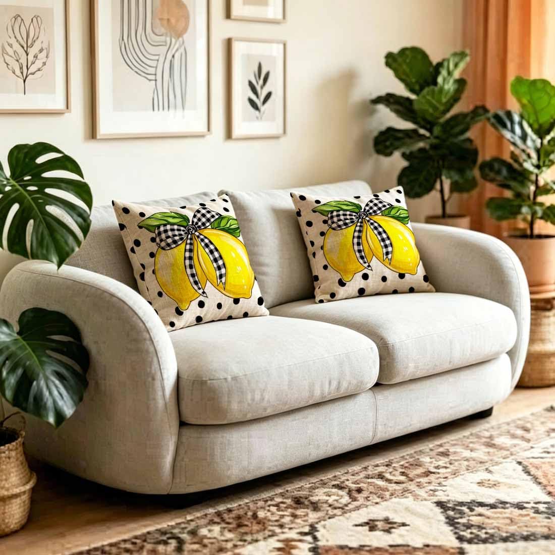 Bow Lemon Cotton Linen Throw Pillow Covers Citrus Fresh Cotton Linen Accent Cases for Bedroom 16x16 Inch Yellow