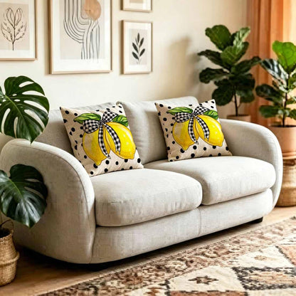 Bow Lemon Cotton Linen Throw Pillow Covers Citrus Fresh Cotton Linen Accent Cases for Bedroom 16x16 Inch Yellow